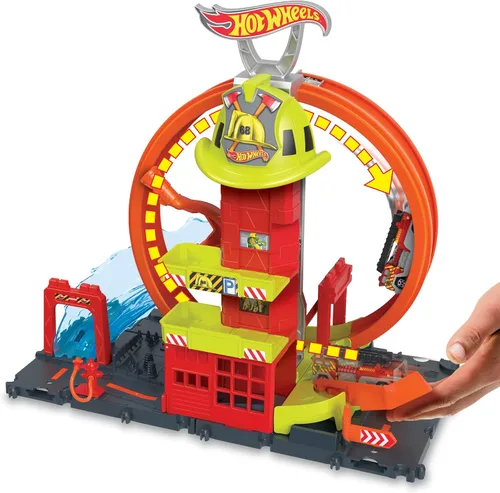 Miniatura 4 de Hot Wheels City con 1 coche de juguete, ascensor impulsado por niños, rampa tipo agua, características de pista de juego, se conecta a otros