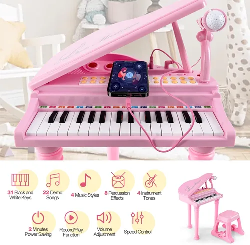 Miniatura 4 de Honey Joy - Piano mini clásico para niños con atril y taburete, piano electrónico portátil, instrumento musical educativo, juguete con micrófono