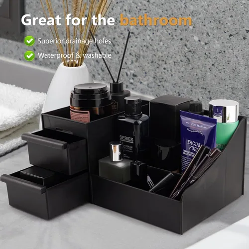 Miniatura 6 de Organizador de tocador negro con cajones – Caja grande de almacenamiento para hombres en encimera para colonia, cuidado de la piel, maquillaje