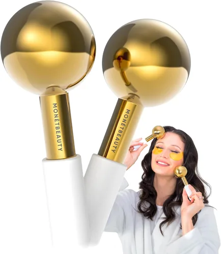 MonétBeauty Globos de Hielo de Acero Inoxidable para Tratamientos Faciales (Dorado), Globos Criogénicos Duraderos que Reducen Instantáneamente la