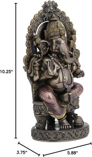 Miniatura 9 de Veronese Design 10 1/4 pulgadas de alto Lord Ganesha sentado en el trono con arco del templo elefante hindú Dios Fortuna Estatua de resina bronceada