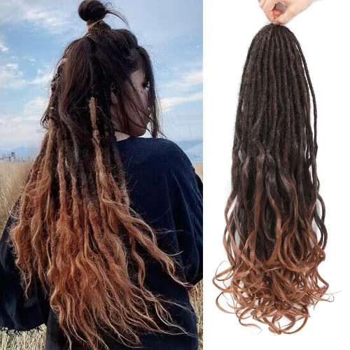 Miniatura 30 de Extensiones de rastas rectas sintéticas de doble extremo, 24 pulgadas, 5 hebras de 0.5 in de ancho, suaves de color negro a marrón oscuro