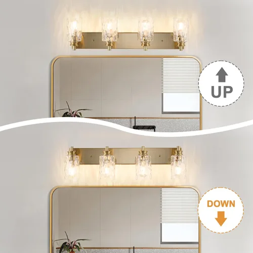 Miniatura 5 de Accesorios de lámpara de tocador de baño de 2 luces, moderna lámpara de baño dorada cepillada sobre espejo con pantalla de vidrio martillado