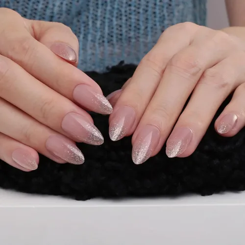Miniatura 11 de Uñas postizas a presión de color almendra mediana, color dorado champán, brillante, kit de puntas de uñas postizas con mini lima de uñas, ajuste