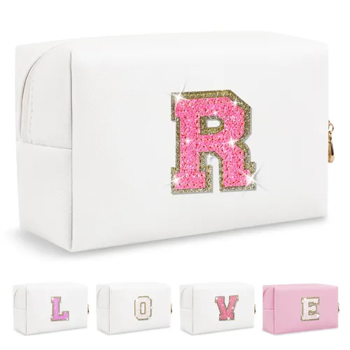 Miniatura 422 de Pequeña bolsa de maquillaje personalizada con inicial A-Z Preppy Patch, bolsa de cosméticos de viaje de felpilla blanca con cremallera, bonita bolsa