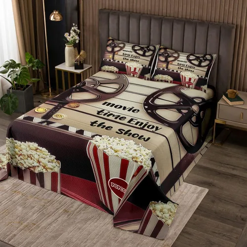 Homewish Theater Cinema Poster Quilt Sets Twin Size,Retro Movie Bedspread Coverlet 2Pcs for Kids Girls Boys Room Decor,Popcorn Quilts Set Movie