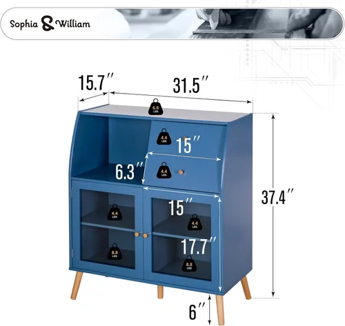 Miniatura 2 de Sophia & William Armario de almacenamiento azul, armario aparador con puertas y cajones de cristal, gabinete de acento de cocina para sala de estar