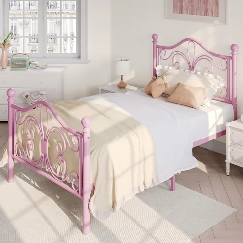 Miniatura 7 de SHA CERLIN Marco de Cama Tamaño Twin para Niños, Marco de Cama de Metal con Cabecero y Pie de Cama de Diseño de Patrón de Mariposa, No Necesita Rosa