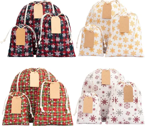 Paquete de 12 bolsas de regalo de Navidad reutilizables con 15 etiquetas de regalo. Sacos de regalo. Bolsas de regalo navideñas de tela con cordón