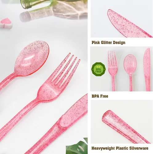 Miniatura 6 de 150 piezas de juego de cubiertos de plástico rosa resistente - 50 tenedores, 50 cuchillos, 50 cucharas para cumpleaños, boda, baby shower, despedida
