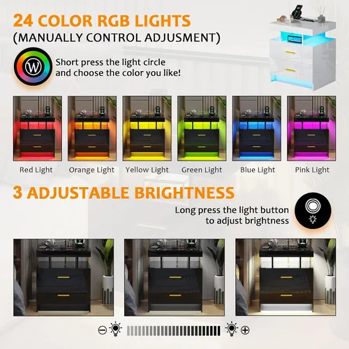 Miniatura 6 de Mesita de noche LED con estación de carga, moderna mesita de noche negra con luz de sensor corporal, mesita de noche con 2 cajones de almacenamiento