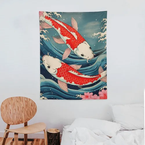 Miniatura 7 de QEOPGNE Tapiz de pared grande con diseño de pez Koi, grandes olas japonesas, flores de cerezo, banderas retro para habitación, sala de estar