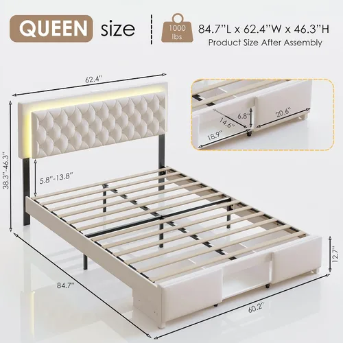 Miniatura 2 de Base de cama tamaño matrimonial con cabecera capitoné con botones, base de cama tapizada con luces LED, estación de carga, almacenamiento