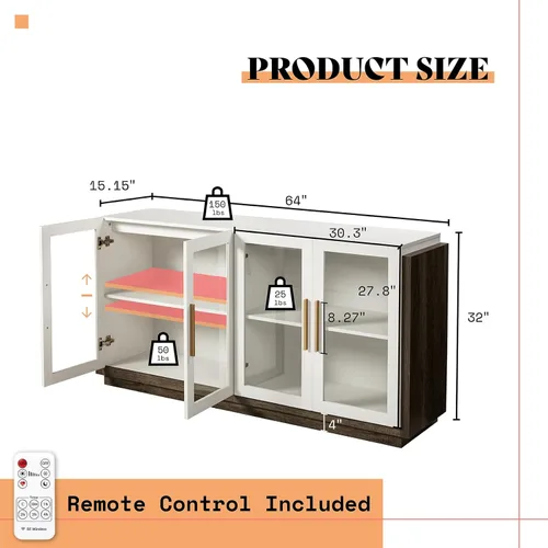 Miniatura 2 de AMERLIFE Aparador Buffet Gabinete, Gabinete de Acento de Color Mixto con Luces LED, Gabinetes de Almacenamiento Modernos con Puertas de Vidrio