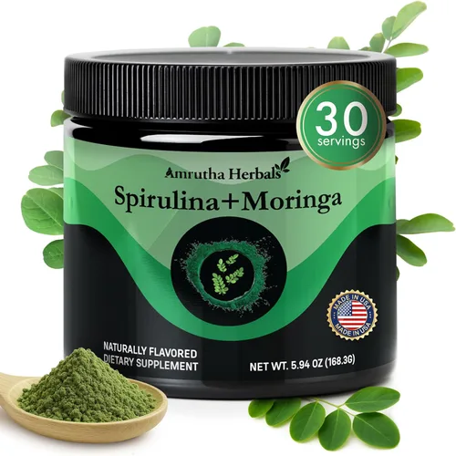 Espirulina orgánica + polvo de moringa orgánica, sin gluten, apto para veganos, desintoxicante y digerido, superalimentos, 30 porciones fabricadas