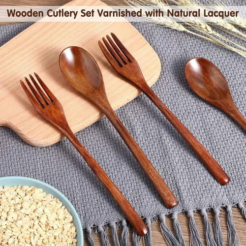 Miniatura 3 de Patelai Juego de cucharas de madera, tenedores, utensilios de madera para comer de madera, vajilla reutilizable hecha a mano, cubiertos naturales