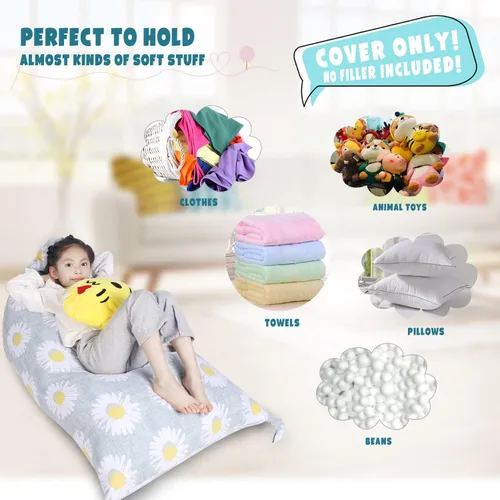 Miniatura 3 de LOLOMLO Funda para puf de almacenamiento de animales de peluche, lona con margaritas de felpa, artículos de almacenamiento y asiento sentado
