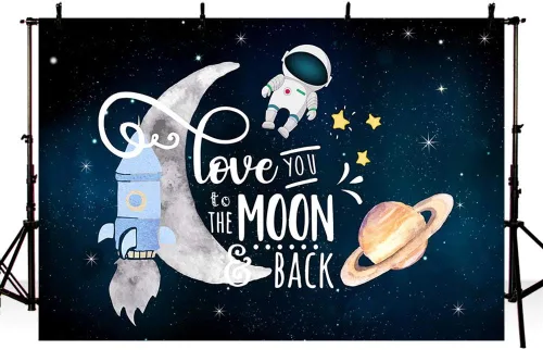 Miniatura 3 de MEHOFOND Telón de fondo Love You to The Moon and Back, decoración de fiesta de baby shower, espacio exterior, cohete astronauta, pastel
