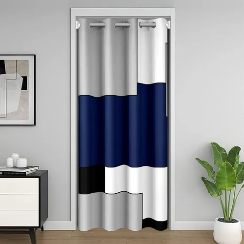 Cortinas geométricas de color azul marino para puerta, cortina cuadrada moderna para puerta de armario para dormitorio, 30 % a 50 % opacas,