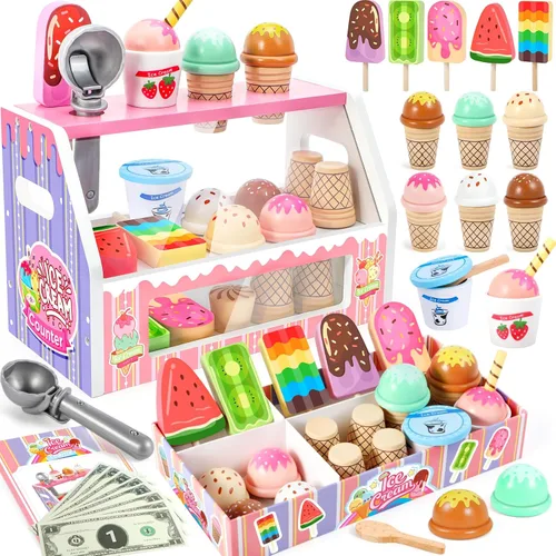 Loscola Juguete de Helado, Juguetes de Helado de Madera para Niños y Niñas, Juguetes de Comida de Cocina de Simulación, Juego de Tienda de Madera