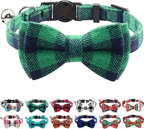 Miniatura 8 de Joytale Collar de gato mejorado con campanas, collares de gato separables con corbatín, 1 paquete de collares de gatito de cuadros de seguridad