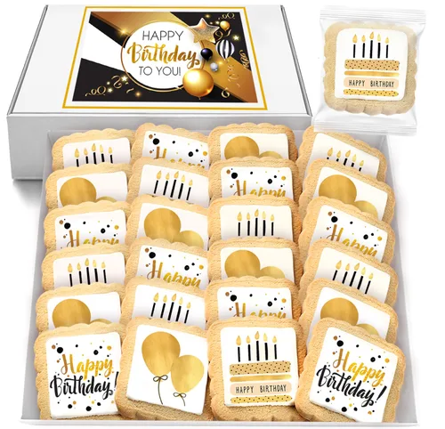Galletas de feliz cumpleaños a granel, paquete de 24 unidades envueltas individualmente, regalos de fiesta, comida dorada para hombres, mujeres y