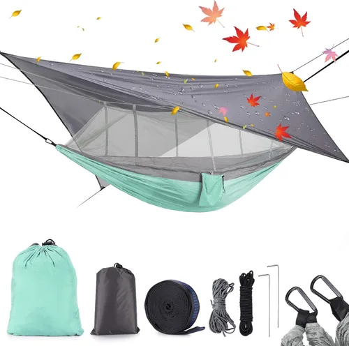 Miniatura 12 de MIFXIN - Hamaca de nailon con mosquitero, toldo de tienda de campaña, correas para árbol, portátil y bolsa de almacenamiento para acampar