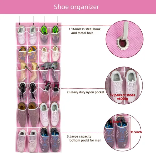 Miniatura 5 de SAVERHO Organizador colgante de zapatos, organizador de zapatos sobre la puerta con 24 bolsillos de malla transpirable para hombres, mujeres