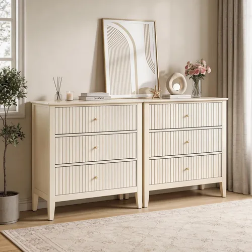 Miniatura 15 de RoyalCraft Cómoda Acanalada Beige de 3 Cajones, Cómoda de 32 Pulgadas de Ancho Mesita de Noche para Dormitorio, Cofre de Cajones de Madera Moderno