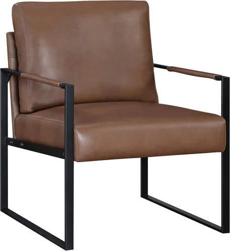 Miniatura 6 de Lexicon Silla decorativa moderna, tapizada de piel sintética con reposabrazos envueltos, sillón con marco de metal negro, cómoda silla individual