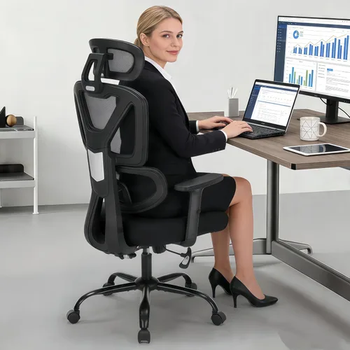 Silla de oficina ergonómica, silla de escritorio ejecutiva de malla con respaldo alto con altura ajustable y reposabrazos ajustables, soporte