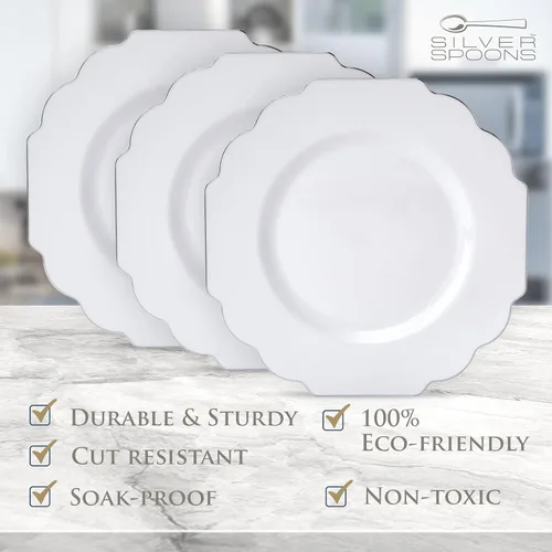 Miniatura 6 de SILVER SPOONS Platos desechables de diseño elegante para fiesta (10 piezas) Juego de cena desechable resistente de 10.75 pulgadas, platos de Blanco