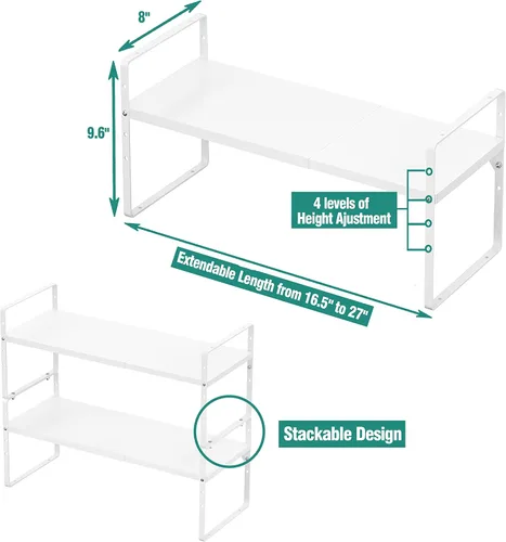 Miniatura 2 de SUZLON Estante organizador de gabinete expandible, estante apilable de almacenamiento para mostrador de cocina, estante de despensa de altura Blanco