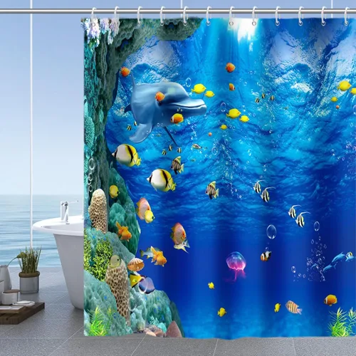 Miniatura 16 de Yeele Cortina de ducha con diseño de delfín, diseño de animales submarinos, tropical, con temática de vida silvestre, océano, azul, para baño