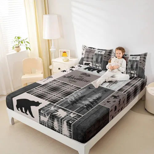 Miniatura 44 de Sábana bajera de retazos rústicos, sábanas de ciervos de oso para niños, adolescentes, adultos, mujeres, juego de ropa de cama rústica de granja