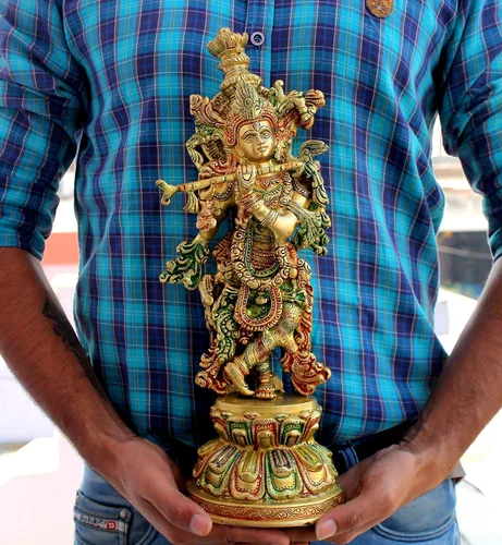 eSplanade Escultura de estatua de ídolo de Murti de Krishna Kishan de latón, ídolos Pooja, decoración del hogar (15 pulgadas)