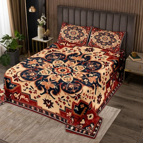 Erosebridal Juego de colcha floral oriental tamaño King con estampado de flores vintage para niños pequeños, juego de colcha de medallón art déco,