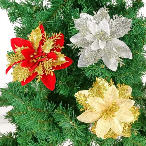 Miniatura 5 de Gardeningwill Paquete de 12 adornos colgantes dorados de 5 pulgadas con forma de flor con purpurina para fiestas