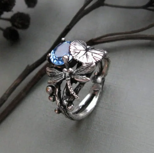 Miniatura 2 de Anillos vintage de plata tailandesa 925 plata tailandesa topacio azul hoja de loto libélula anillos boda fiesta joyería regalo