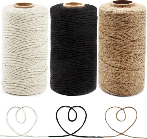 Anvin Cordel de algodón – Cordeles de yute natural para embalaje y envoltura (negro, blanco) – 984 pies, 10 capas, 0.079 in de grosor – Ideal para