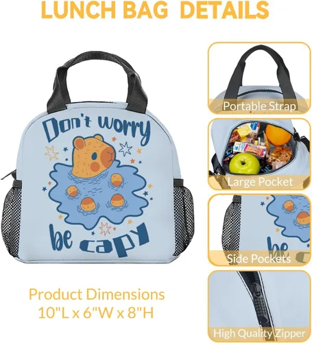 Miniatura 3 de Lonchera para niñas y niños, reutilizable, plegable, aislada, con asa, pequeña, azul, con estampado de animales, ideal para la escuela, picnic