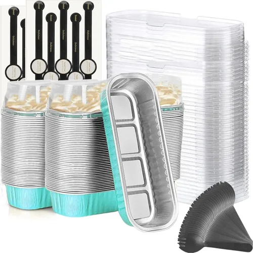 Miniatura 14 de Findful Mini Moldes para Hornear Pan con Tapas y Cucharas (Paquete de 50, 6.8oz) Moldes Rectangulares de Papel de Aluminio para Hornear Recipientes