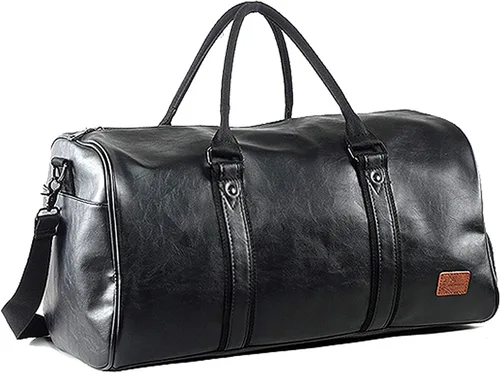 Bolsa de viaje de cuero con bolsa para zapatos, bolsa impermeable para fin de semana, bolsa de lona de mano para hombres y mujeres, color negro