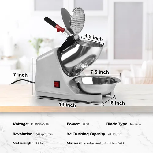 Miniatura 6 de Máquina eléctrica de hielo afeitado, con picahielo y cuchara, 3 cuchillas de máquina eléctrica de cono de nieve (300 W, 2200 r/min), máquina