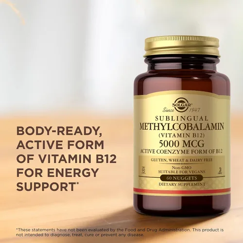 Miniatura 5 de Solgar Metilcobalamina (vitamina B12) 5000 mcg, 60 pepitas (paquete de 3) – Sabor a cereza – Apoya el metabolismo energético – Preparado