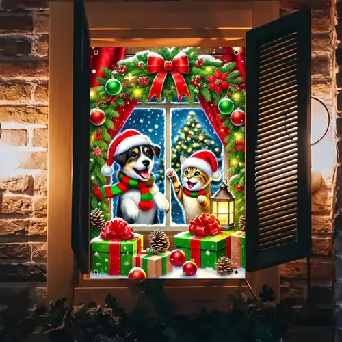 Miniatura 10 de BlissYard Cubierta de ventana de Navidad de 31 x 47 pulgadas, Papá Noel y reno, escena de nieve de invierno, decoración de vacaciones, fondo festivo