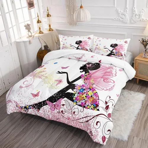 Miniatura 2 de Juego de edredón romántico para niña de hada, mariposa, flor, hada, para niños y adolescentes, tamaño individual, alas rosas en un vestido floral