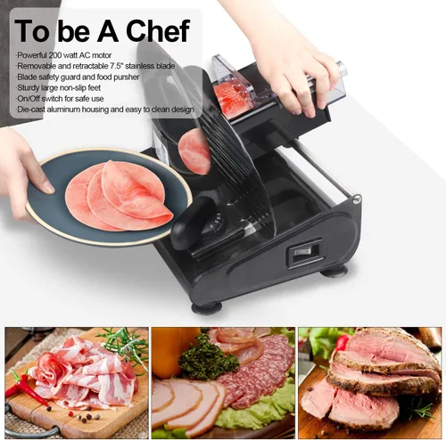 Miniatura 4 de Rebanadora de Carne, CUSIMAX Rebanadora Eléctrica de Embutidos para el Hogar, 2 Cuchillas Extraíbles de Acero Inoxidable de 7.5'' y Empujador, Negro
