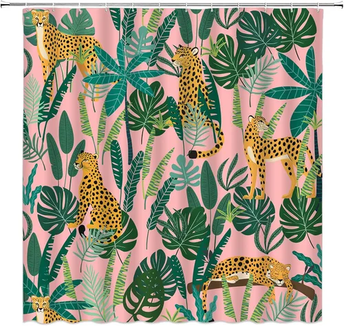 Cortina de ducha de leopardo, vida silvestre, animales, leopardo, asiático, rosa, guepardo, tigre, hoja de palmera, selva tropical, selva, selva,