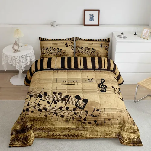 Feelyou Juego de ropa de cama con teclas de piano, edredón de notas musicales para niños, niñas, adolescentes, juego de edredón con patrón musical